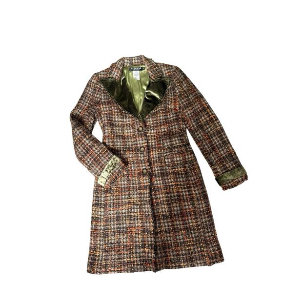 Allen B. By Allen Schwartz Women’s Tweed Coat Sz S Plaid Long Jacket Green Trim - Picture 1 of 11